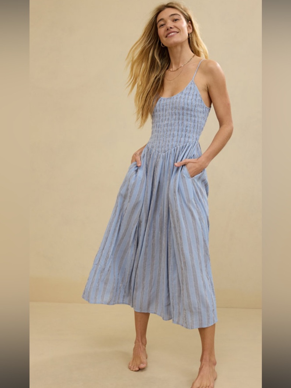 aerie At the Barre Light Blue & White Striped Smocked Midi Dress Medium